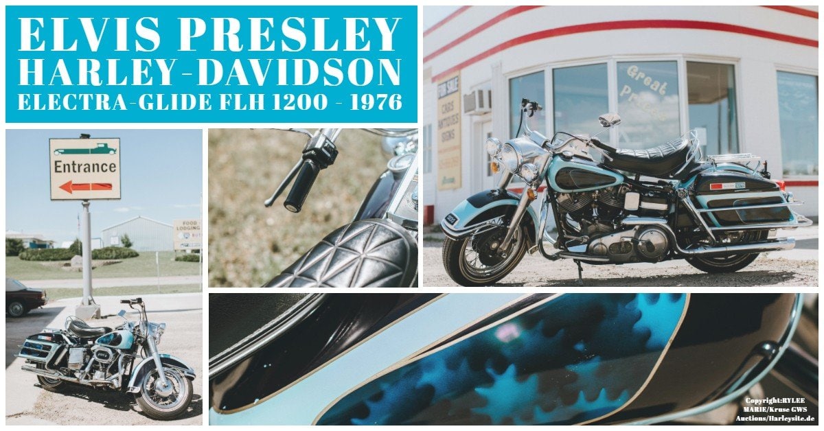Zeigt eine Collage von Elvis Presley seiner privaten Harley-Davidson Electra-Glide FLH 1200