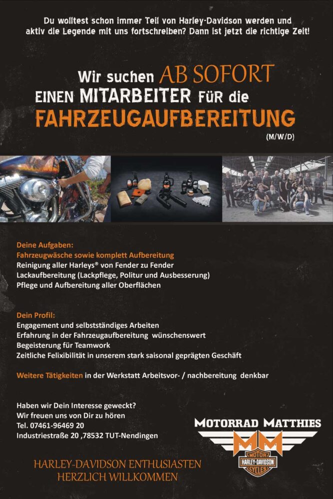 JOBS - Harley-Davidson Tuttlingen Vehicle preparation (M/F/D) Harley Davidson Tuttlingen