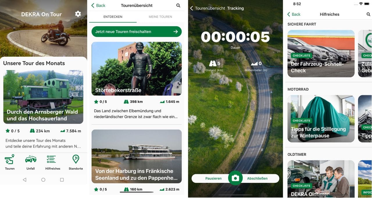 DEKRA On Tour: Neue kostenlose App für Android- und iOS-Geräte DEKRA On Tour App: Die schönsten Touren in ganz Deutschland, Tracking-Funktion, Tipps und Infos rund um den Straßenverkehr: Die neue DEKRA on Tour App.