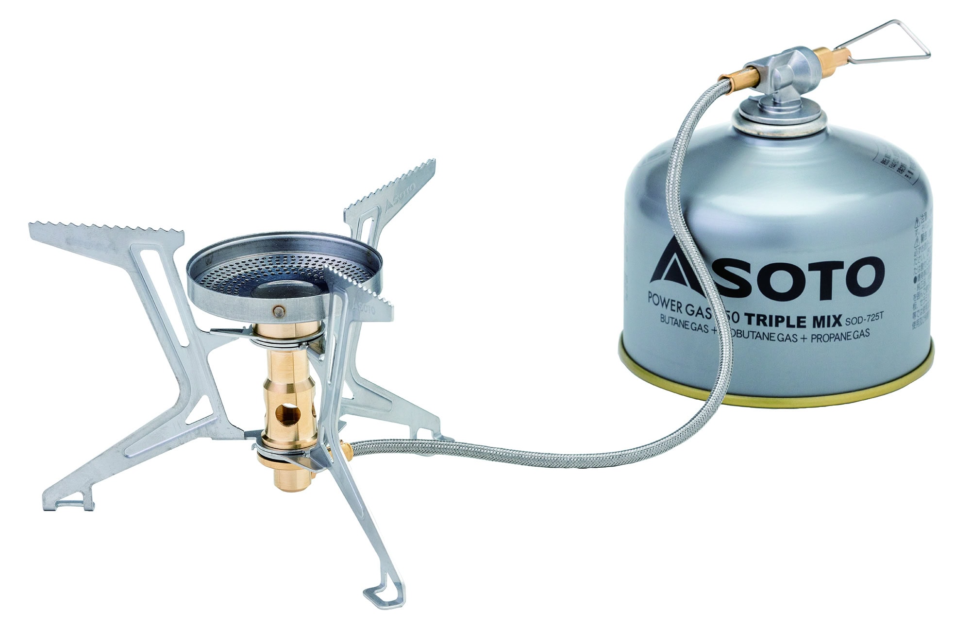 Freistehender Gaskocher mit integriertem Druckregler (SOTO Micro Regulator System). Sehr leistungsfähiger und wind-resistenter Gas-Kocher mit flächigem Flammenbild.