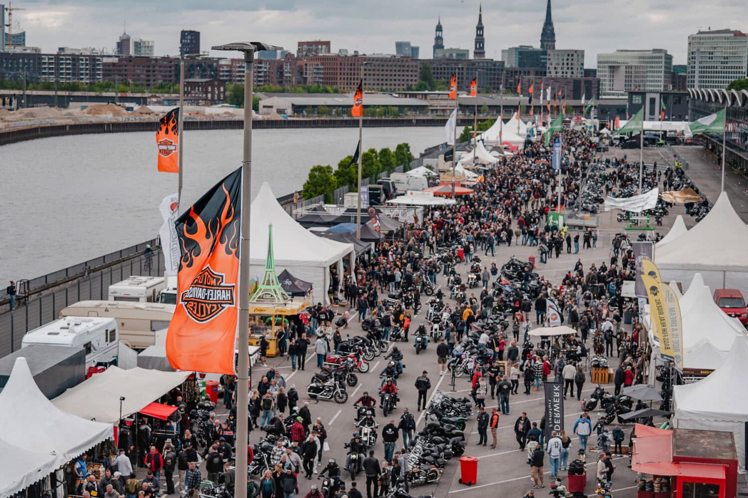 Around 60,000 visitors celebrated 120 years of Harley-Davidson at the Hamburg Harley Days. The image shows an aerial view of the Hamburg Harley Days 2023 site.