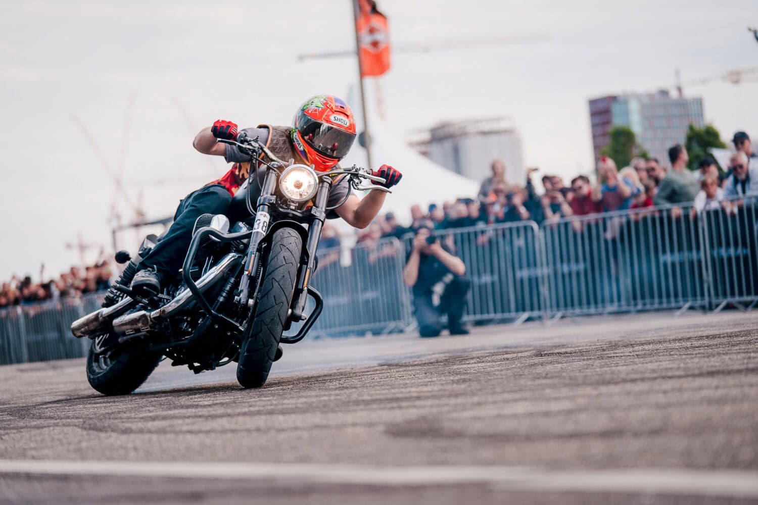 Around 60,000 visitors celebrated 120 years of Harley-Davidson at the Hamburg Harley Days. The picture shows a Harley-Davidson stunt rider at the Hamburg Harley Days 2023.