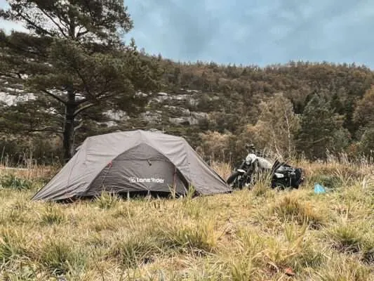 Das ist das typische Bild, wie Affe auf Bike wohnt. Ihr Lone Rider Zelt und daneben die Sportster Nightster