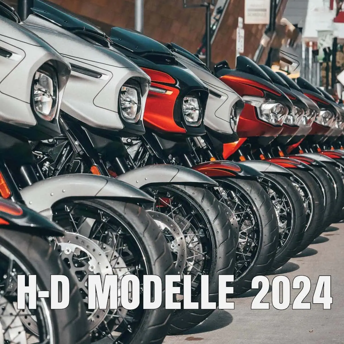 Die neuen CVO Harley-Davidson Modelle in Reihe aufgestellt.