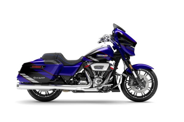 a blue motorcycle with black stripes