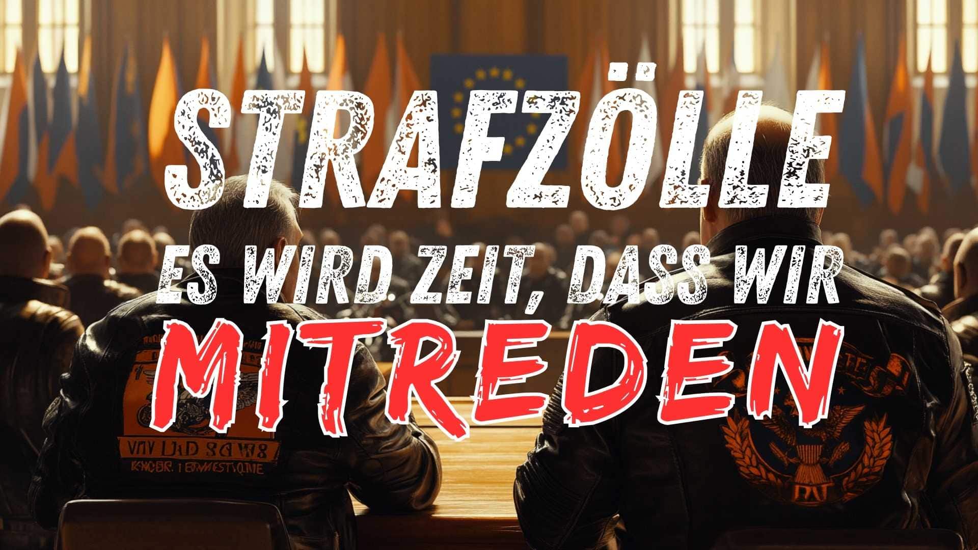 EU-Parlamentarier in einer Debatte über Strafzölle, während Harley-Davidson Biker im Vordergrund protestieren.
