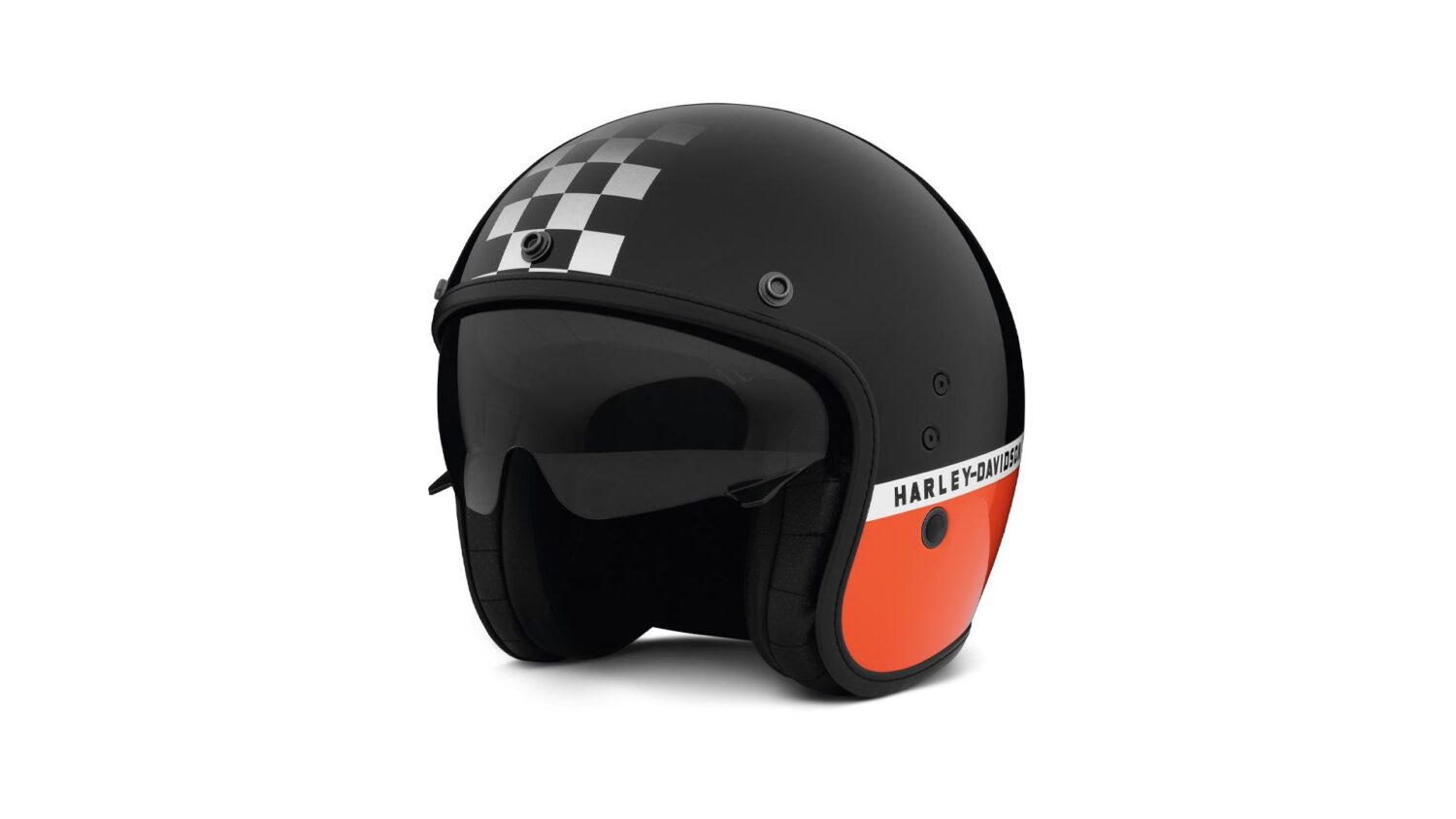 Harley-Davidson Jethelm Apex Sun Shield X14 siegt in deutschem Helmtest Harley-Davidson Apex Sun Shield X14 Jethelm mit Schachbrett-Design und orangefarbenen Elementen