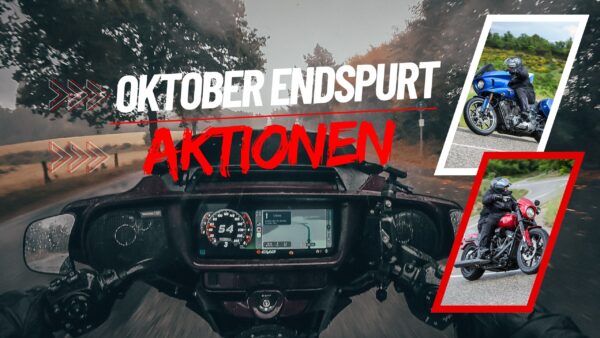 Harley-Davidson Oktober Endspurt Aktionen 2025 – Blick auf das Display einer Road Glide im Regen, kombiniert mit Fotos von zwei Touring-Bikes auf der Landstraße.