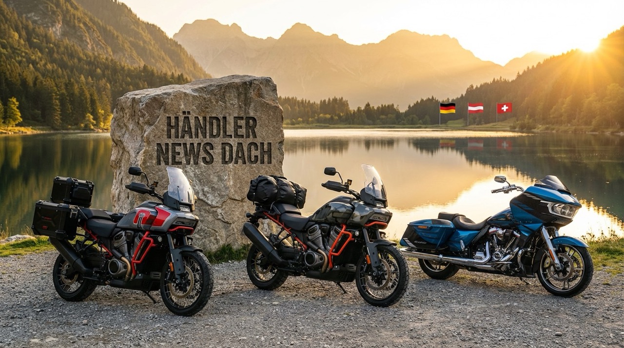 Harley-Davidson Motorräder am See bei Sonnenaufgang mit großem Steinblock „Händler News DACH“ und kleinen Deutschland-, Österreich- und Schweiz-Flaggen im Hintergrund.