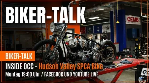 Biker-Talk Ankündigungsbild mit dem OCC Hudson Valley SPCA Bike auf der Hebebühne bei Orange County Choppers