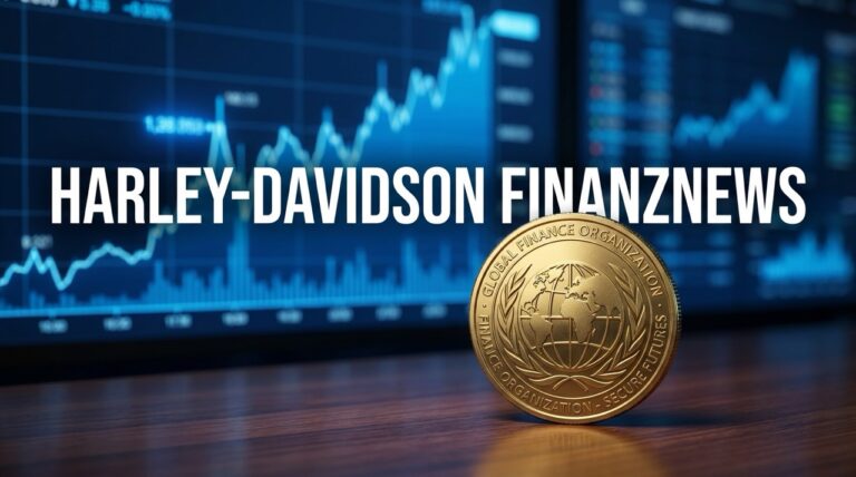 Finanzgrafik mit Börsencharts im Hintergrund und einer goldenen Symbolmünze im Vordergrund, dazu der Schriftzug Harley-Davidson Finanznews.
