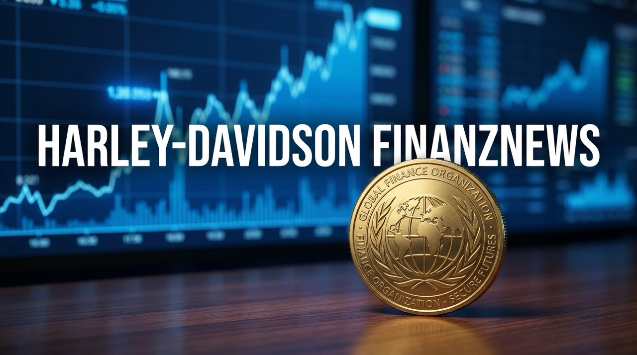 Finanzgrafik mit Börsencharts im Hintergrund und einer goldenen Symbolmünze im Vordergrund, dazu der Schriftzug Harley-Davidson Finanznews.