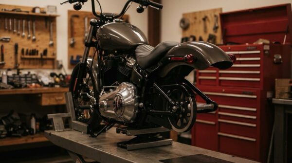 Harley-Davidson Softail auf der Werkstattbühne mit sichtbarem Antrieb und Werkzeugwand im Hintergrund.