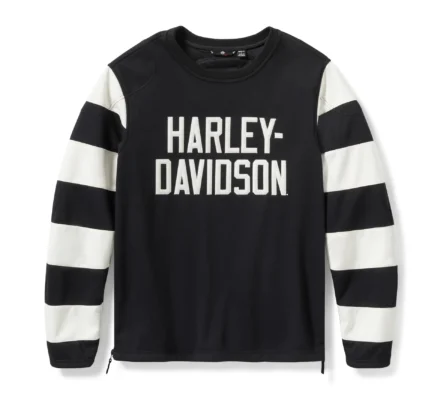 Harley-Davidson Breakout Crew Fleece Vorderansicht – schwarzer Pullover mit HARLEY-DAVIDSON Logo und Streifenärmeln