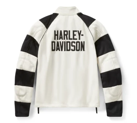 Harley-Davidson Breakout Crew Fleece Women (97198-25VW) Rückansicht – weiß-schwarze Streifen und großer HARLEY-DAVIDSON Schriftzug