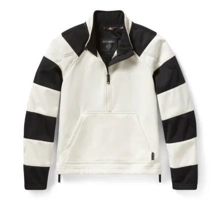 Harley-Davidson Breakout Crew Fleece Women Vorderansicht – weiß-schwarzes Design mit Streifenärmeln