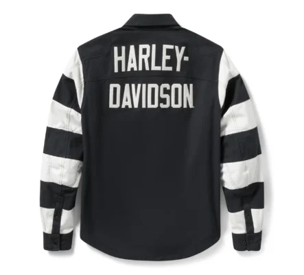 Harley-Davidson Breakout Operative Shirt Jacket Rückansicht – schwarz-weißes Streifendesign mit großem HARLEY-DAVIDSON Schriftzug